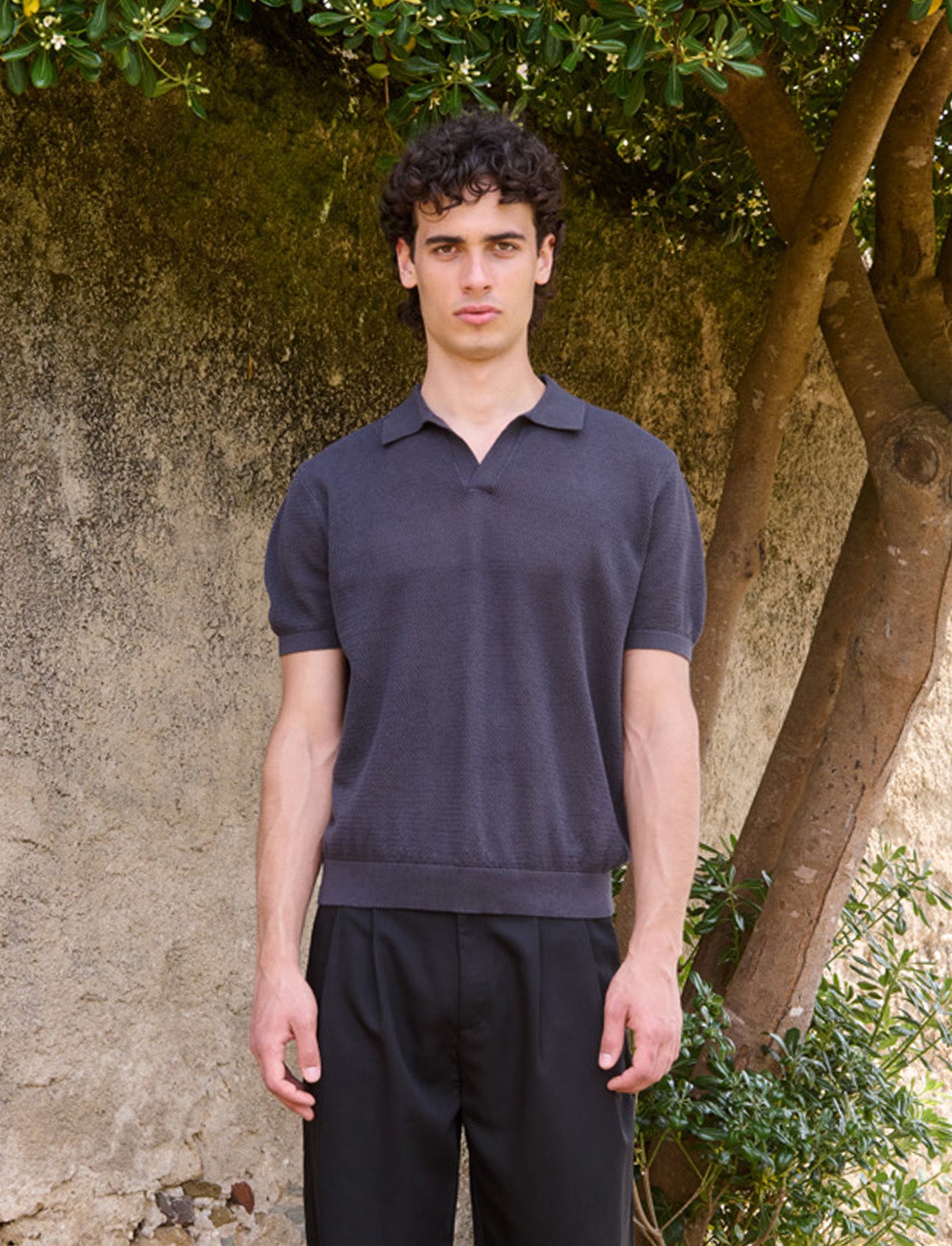 トップス N.japan Drumohr grey knit polo James Open Knit Polo, Grey – 33mm
